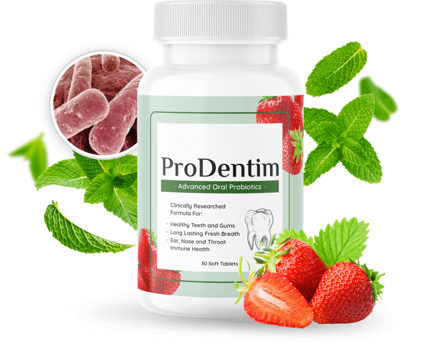 ProDentim oral probiotic bottle with strawberries and mint